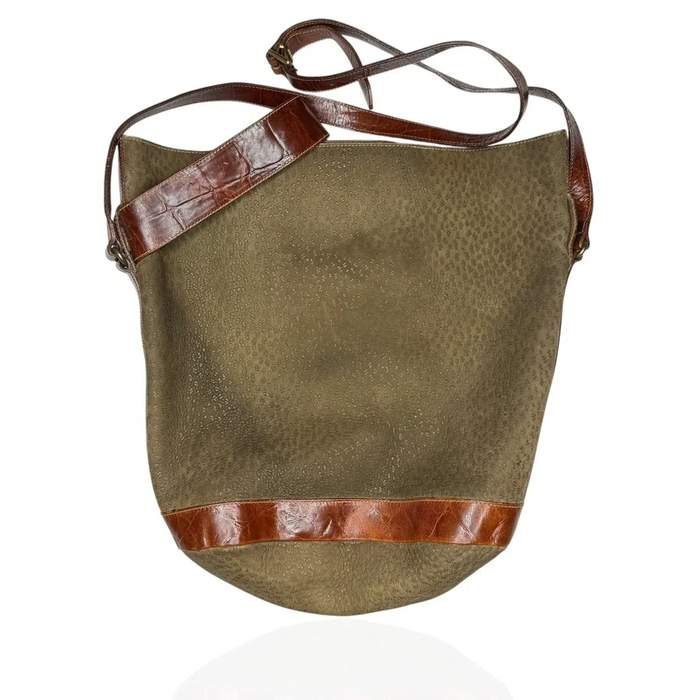 Furla Soft Italian Suede Large‎ Hobo Bag Brown Croc Embossed Leather Trim Buckle